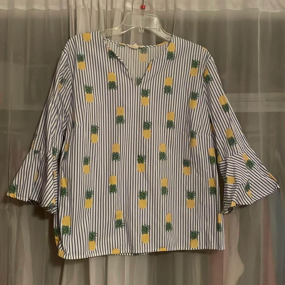 Blue and White Pineapple Print Blouse